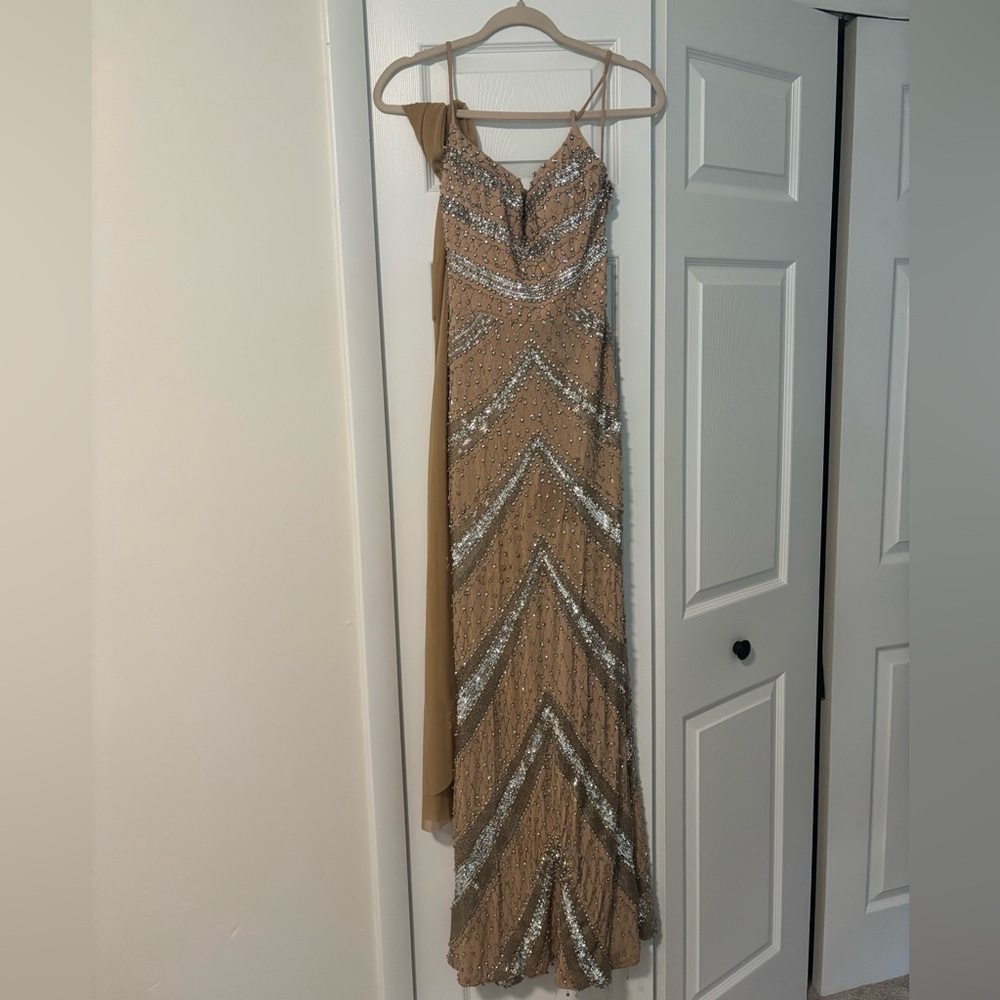 Elegant Crystal & Sequin Champagne Evening Gown